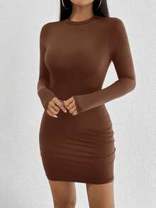 SHEIN PETITE Women Elegant Commuting Solid Bodycon Dress - Brown - View 4