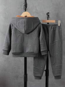 SHEIN Explorewe Bộ 2 món/Bộ quần áo dài tay lót giữ nhiệt màu trơn đơn giản cho bé trai tuổi teen, thích hợp mặc ngoài trời thường ngày, mùa thu/đông - Màu xám đen - Xem 2