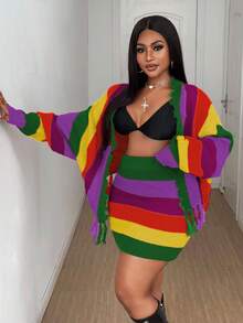 Maweii Plus Size Women Striped Colorful Tassel Cardigan & Mini Skirt 2 Pieces Set - Green - View 2