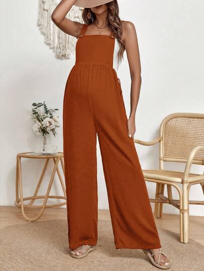 SHEIN 孕妇休闲纯色简约背带连体裤