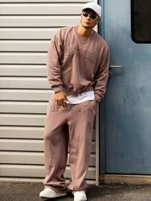 DAZY 男士字母刺绣保暖套头卫衣裤套装，秋冬季舒适保暖套装 - 棕色 - 查看 8