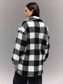 Sparklyn 少女休闲秋冬经典黑白格子毛绒宽松衬衫风格学院风夹克 - 黑與白 - 查看 4