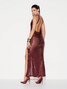 KIZN 酒红色亮片深V露背吊带长裙，侧开衩设计，适合晚宴派对活动 - 酒紅色 - 查看 2