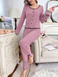 女士休闲加绒长袖上衣和裤子家居服两件套睡衣套装，女士两件套长袖家居服套装，冬季服装 - 藕粉色 - 查看 6