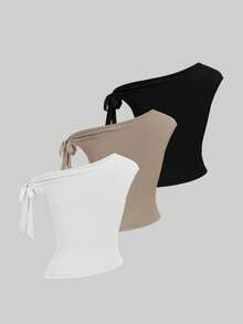 Conjunto de 3 camisetas casuales de mujer de unicolor con nudos retorcidos en los hombros - Multicolor 8 - Ver 2