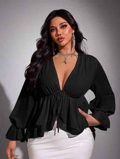 Viva Relle Plus Size Chiffon Sexy Bow Blouse