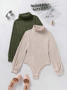 SHEIN 2pcs Set Bodysuit, Comfortable Autumn/Winter Base Layer Bodysuit - Brown - View 1