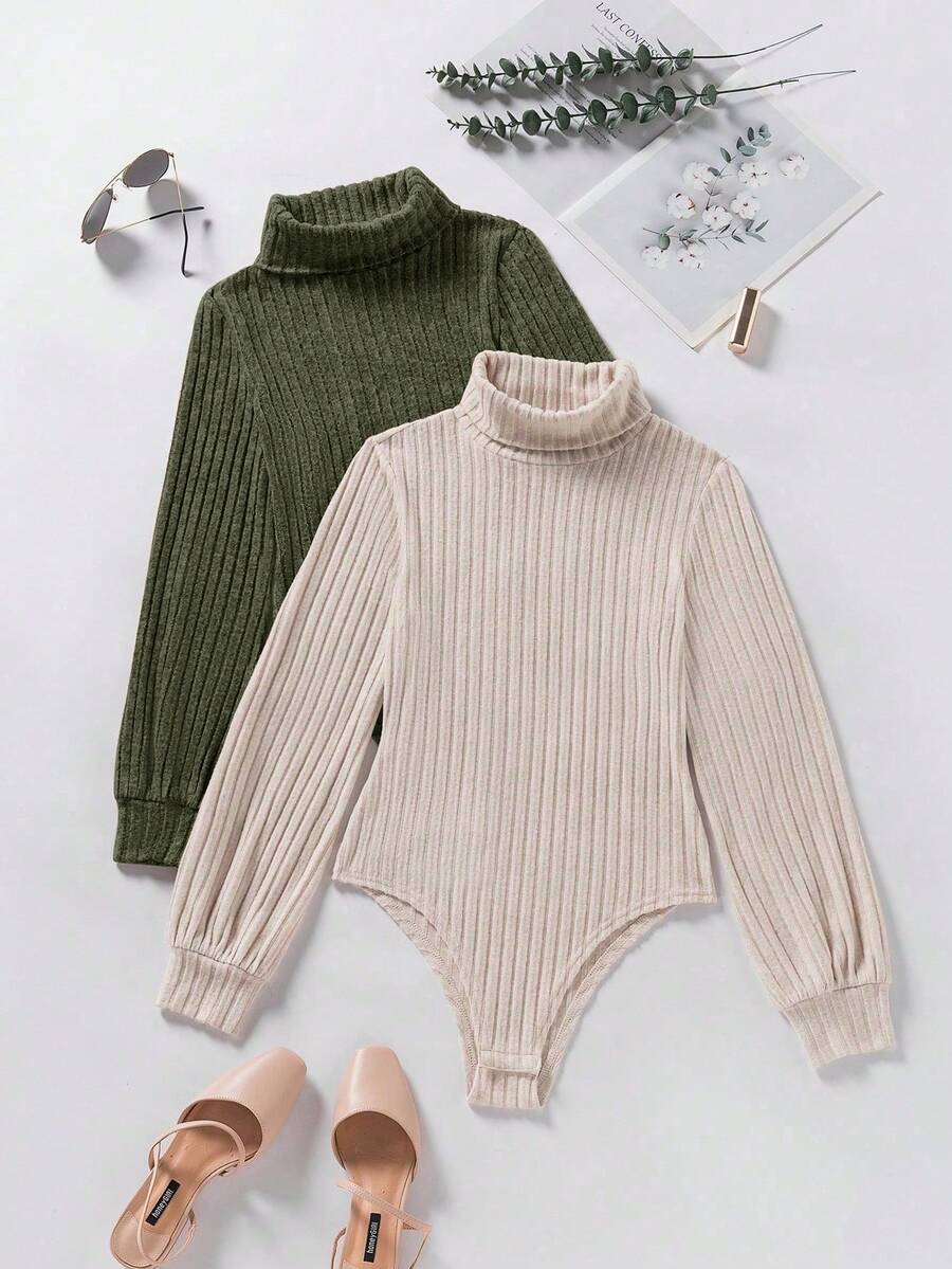 SHEIN 2pcs Set Bodysuit, Comfortable Autumn/Winter Base Layer Bodysuit - Brown - View 1