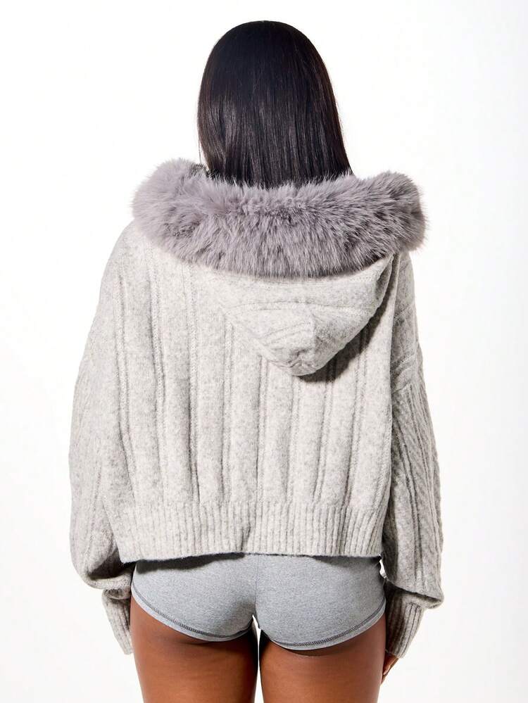 SUMWON WOMEN Cable Knit Zip Cardigan With Fur Hood