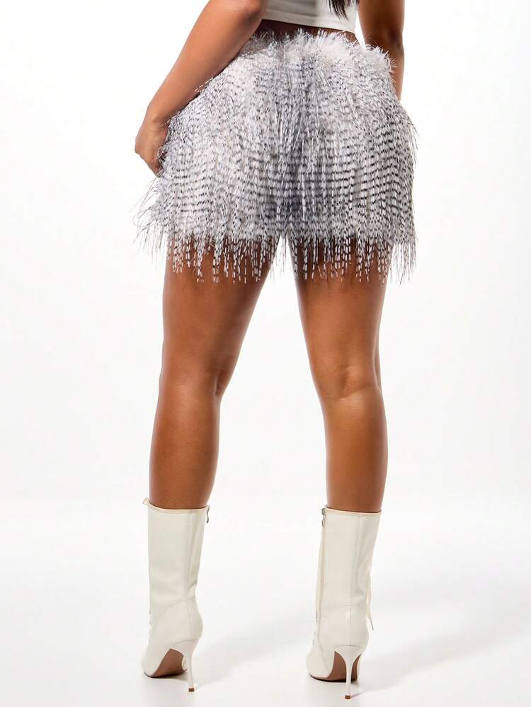 SUMWON WOMEN Metallic Fringe Mini Skirt With Feather Texture