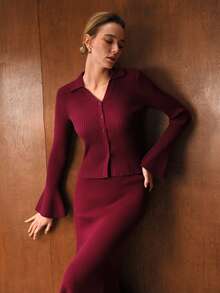 MOTF PREMIUM Elegant Knitted Flare Sleeve Top And Mermaid Hem Skirt Set, Autumn/Winter - Blue - View 7