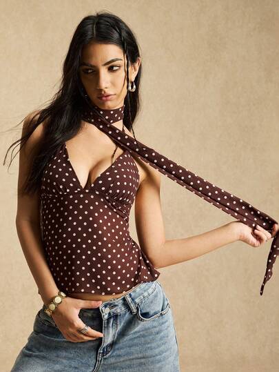 Easelle Top halter sin espalda con lunares de color café para mujer