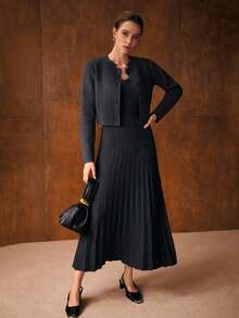 MOTF PREMIUM 纯色褶饰下摆吊带毛衣裙（不配腰带） - 灰色 - 查看 8