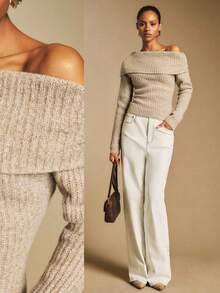 Poéselle 女士毛衣，露肩毛衣，花式毛衣，保暖驼色毛衣，女士休闲纯色露肩毛衣，适合秋冬季节的百搭女式冬季毛衣，女士冬季毛衣，女士秋季毛衣，女士秋季毛衣 - 駝色 - 查看 2