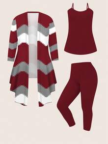 EMERY ROSE Plus Size Retro Wave Pattern Print 3 PiecesCasual Set