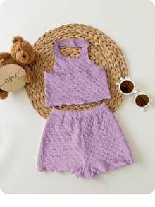 Baby Girl Casual Solid Color Textured Elastic Halter-Neck Top And Elasticated Waist Shorts Set - Mauve Purple - View 1