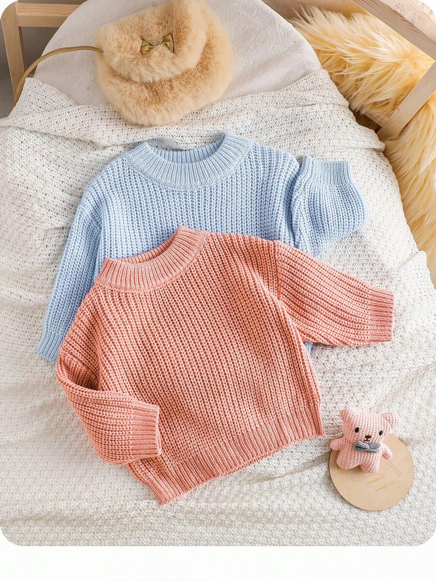 SHEIN Newborn Baby Girl Cute Versatile Solid Color Long Sleeve Sweater, Autumn/Winter - Baby Blue - View 1