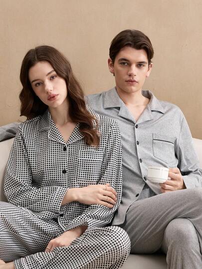 男士舒适纯色长袖上衣和裤子睡衣套装，冬季服装