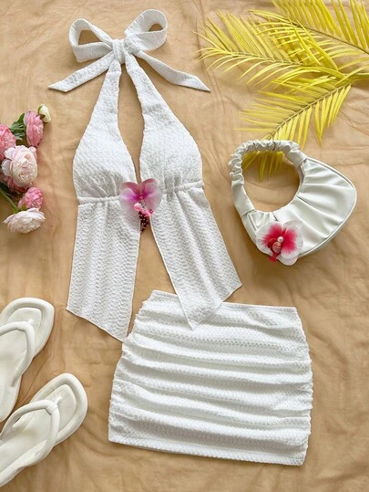 SHEIN x Eduarda Gutierrez Soleia Conjunto de top de tirantes con cuello de corbata y espalda descubierta con decoración floral y minifalda, de tela texturizada blanca, para vacaciones, playa, estilo bohemio