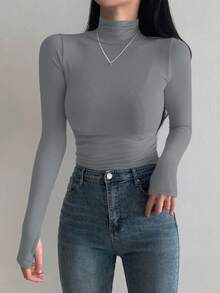 DAZY Camiseta de manga larga con cuello alto como capa base para mujer, color negro, para primavera/verano/otoño - Gris Oscuro - Ver 3