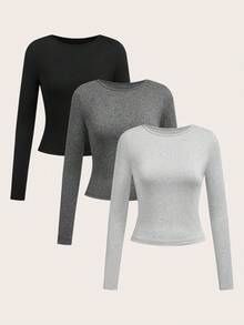 SHEIN EZwear Set de 3 camisetas de manga larga de cuello ancho y ajustadas de estilo casual para mujer, adecuadas para primavera y otoño