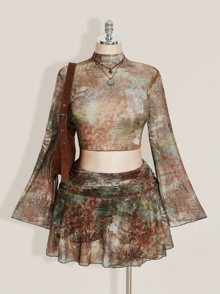 SHEIN ICON 大码女式度假喇叭袖花卉印花上衣，复古花卉印花褶饰腰部开衩 A 字迷你裙套装，适合派对、约会、街头、城市度假、音乐节、秋季海滩 - 彩色 - 查看 1