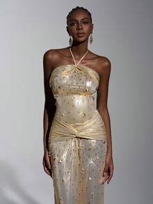 Elitara 优雅、时尚、闪亮、手工镶嵌水钻、弧形领口、褶皱设计、喇叭腰身、扭结、打褶、修身廓形，适合晚宴、商务活动、婚礼宾客、女士晚礼服、网纱连衣裙、正式礼服、连衣裙 - 杏色 - 查看 4