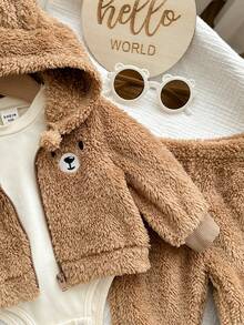 SHEIN 新生儿三件套保暖加厚长袖连体衣、卡通耳朵连帽外套和裤子 - 棕色 - 查看 6