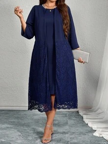 EMERY ROSE 大码女式两件套：优雅水钻装饰圆领 3/4 袖蕾丝拼接镂空刺绣开衫夹克和圆领纯色背心裙，适合所有季节 - 藏蓝色 - 查看 7