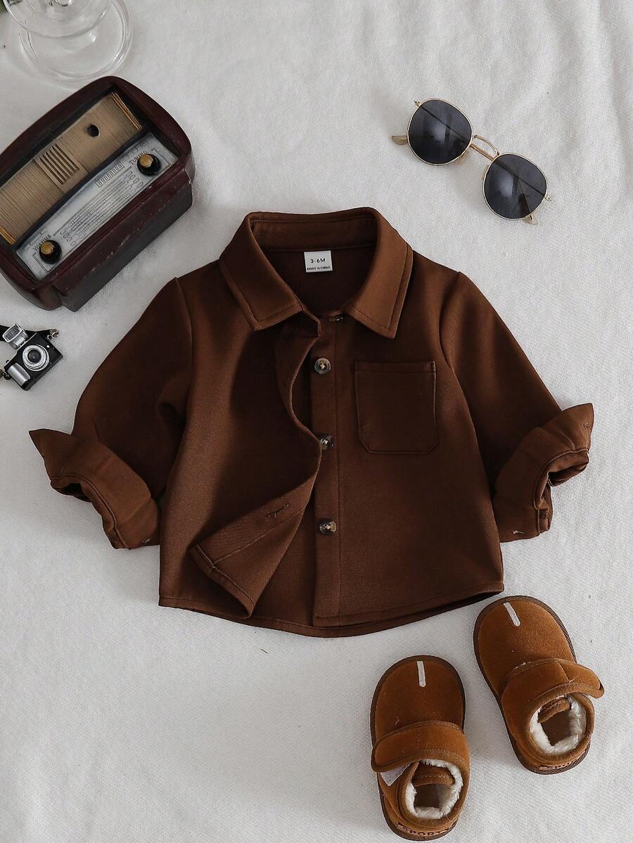 SHEIN 3pcs/Set Baby Boys' Casual Versatile Turndown Collar Front Button Chest Pocket Long Sleeve Tops