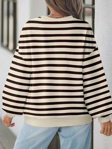 EMERY ROSE 女士休闲加大码杏色和黑色条纹印花长袖卫衣，适合秋冬季穿着 - 彩色 - 查看 2