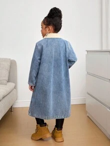 SHEIN Young Girl' Y2K Blue Denim Thermal Lined Lapel Long Sleeve Long Jacket,A Long, Thickened And Fleece Coat,,Fall Clothes,Winter Clothing ,Casual And Fashionable Vacation Outfits,Streetwear,2000s Style  ,Christmas Clothing,Wool-Neck Warm Fleece Denim Jacket - Light Wash - View 5