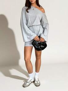 SHEIN Tall 女士时尚通勤纯色不对称领喇叭袖迷你连衣裙，露肩，俱乐部连衣裙，女士秋季连衣裙 - 灰色 - 查看 4