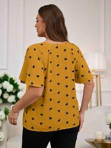 Reflora Plus Size Women Heart Ruffle Trim Tie Neck Summer Blouse - Yellow - View 2
