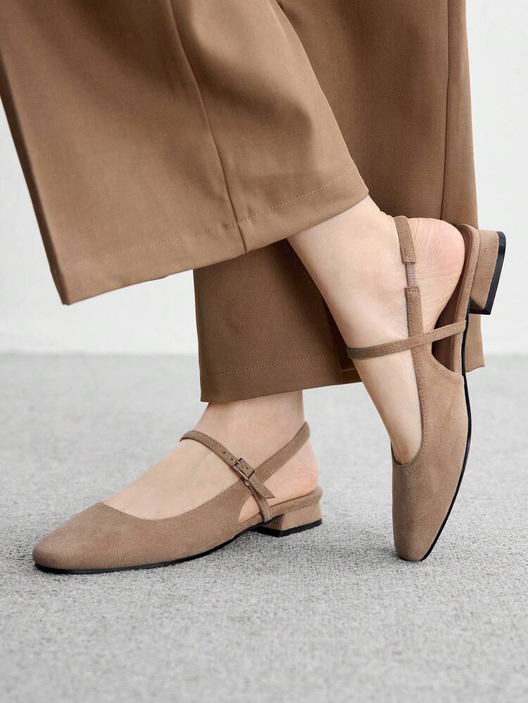 CUCCOO BIZCHIC Women's Almond Toe Slingback Flat Shoes With Thick Low Heel, Minimalist Design, Versatile For Commuting And Daily Wear For Christmas Spring Shoes