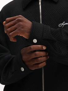 SUMWON Áo khoác Harrington Bomber nam dáng crop fit có khóa kéo phía trước và cổ bẻ, thích hợp mặc thường ngày - màu đen - Xem 8