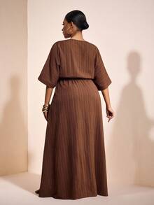 Veslaya Plus Size Women's Solid Color Overlap V-Neck Batwing Sleeve Casual Dress