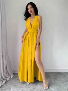 Rafferiza 性感V领露背吊带长款波西米亚风度假休闲旅行交叉绑带多种穿法春夏新款大码连衣裙不对称高开衩性感露腿显瘦音乐节亮黄色长裙 - 黃色 - 查看 4