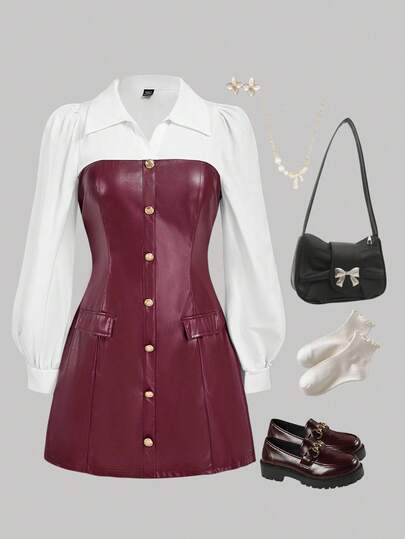 SHEIN MOD Christmas Plus Size Women's Wine Red PU Shirt Dress, 2 In 1 Shirt Dress,Women's Long Sleeve Fashionable Burgundy PU Shirt Dress, Burgundy Leather Dress,Back To School,Rave Outfits,Work Clothes Women,Fall & Winter Outfit For Women,Formal Dress,Old Money Outfits,Elegant Outfits, Faux Leather Dress, Leather Outfits For Women, Winery Outfit Women, Wine Tasting Outfit, Cherry Outfit