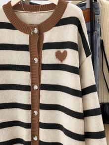 Calvaya Plus Size Striped Heart Embroidered Cardigan, Valentine's Day - Rust Brown - View 3