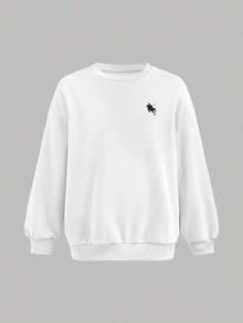 SHEIN Conjunto de 2 piezas informal y versátil para niña preadolescente, con sudadera de cuello redondo con estampado de logo de caballo minimalista y leggings de punto. Conjunto de sudadera en blanco y negro para niña preadolescente. Conjunto a juego de otoño/invierno para madre e hija. - Blanco y Negro - Ver 3