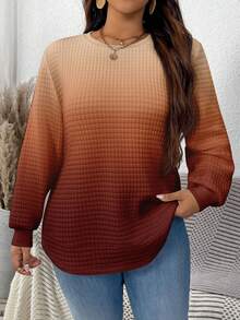 EMERY ROSE Thanksgiving Brown Ombre Print Casual Minimalist Plus Size Waffle Sweatshirt, Suitable For ,Spring - Multicolor - View 1