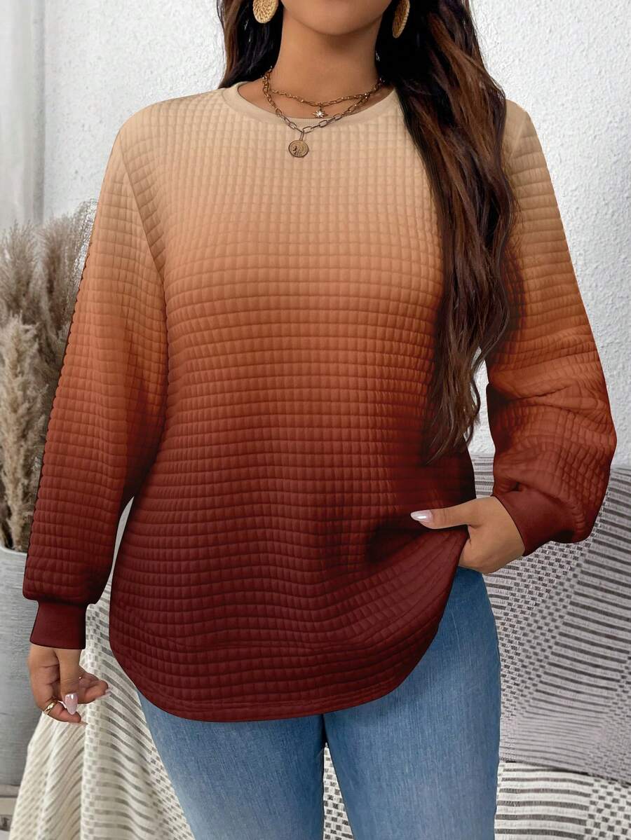 EMERY ROSE Thanksgiving Brown Ombre Print Casual Minimalist Plus Size Waffle Sweatshirt, Suitable For ,Spring - Multicolor - View 1