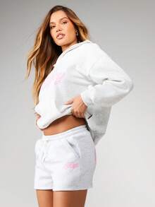 Missguided x Playboy 麻灰色抽绳慢跑短裤，兔子标志印花，适合夏季休闲家居服 - 淺灰色 - 查看 7