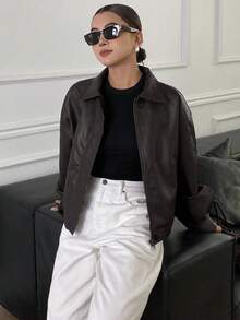 DAZY 秋冬新款宽松休闲加厚PU皮女式常规夹克女式外套