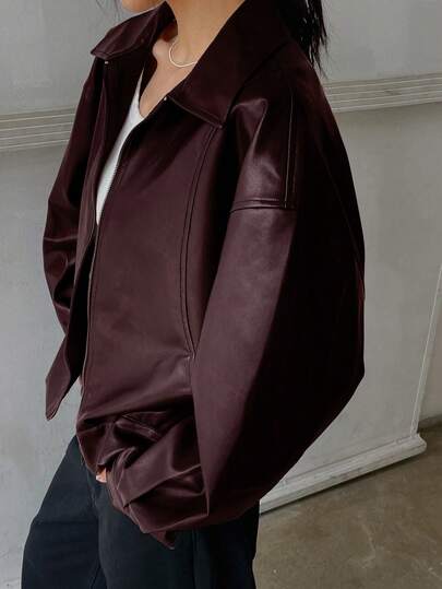 Dazy-Less Veste  décontractée ample à fermeture éclair sur le col, veste de moto à manches longues