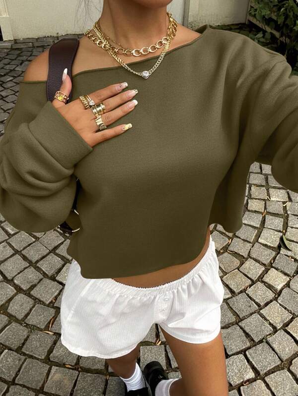 Muchica Women's Fashion Off-Shoulder Cropped Sweatshirt, Casual Loose Fit Long Sleeve Pullover Sweatshirt For Fitness, Dance, Autumn/Winter