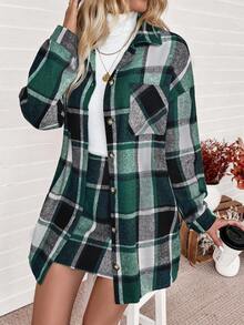 EMERY ROSE 女式复古休闲学院风办公室通勤格子印花落肩宽松长款衬衫和裙子套装，秋季 - 綠色 - 查看 3