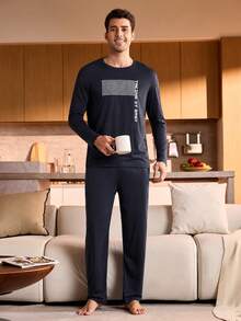 Manfinity Underwear&Sleepwear Basics Men's Letter & Striped Crew Neck Long Sleeve Top And Pants Pajama Set Fall Winter Clothes - Navy Blue - View 3