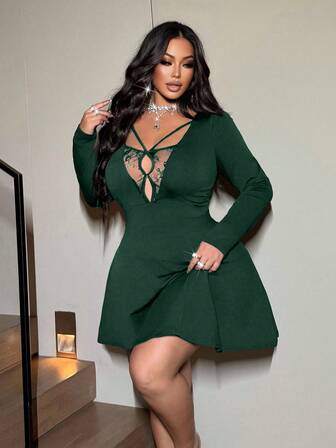 NU&NOW Christmas Plus Size Women Solid Color Lace Patchwork Sexy Minimalist Long Sleeve A-Line Dress